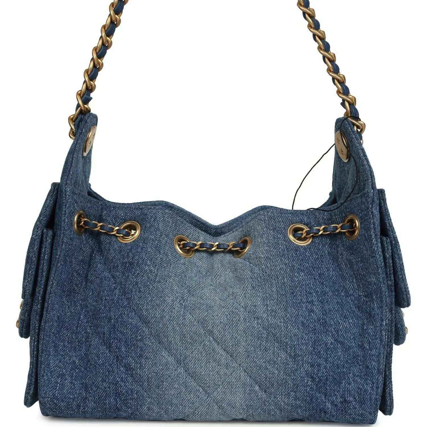 Blue washed denim mini hobo bag with braided chain strap and gold ring hardware