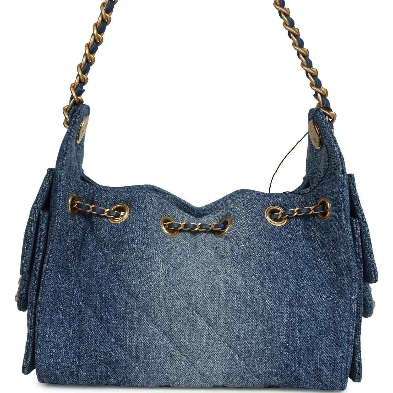 Blue washed denim mini hobo bag with braided chain strap and gold ring hardware