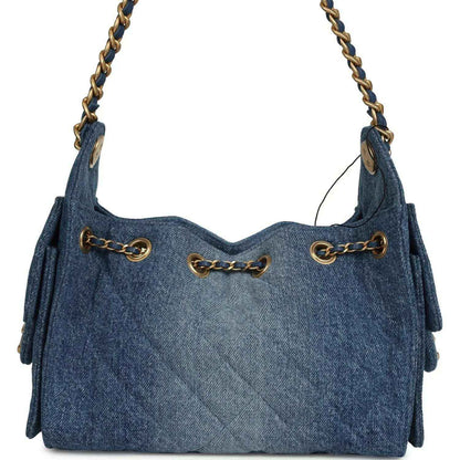 Blue washed denim mini hobo bag with braided chain strap and gold ring hardware