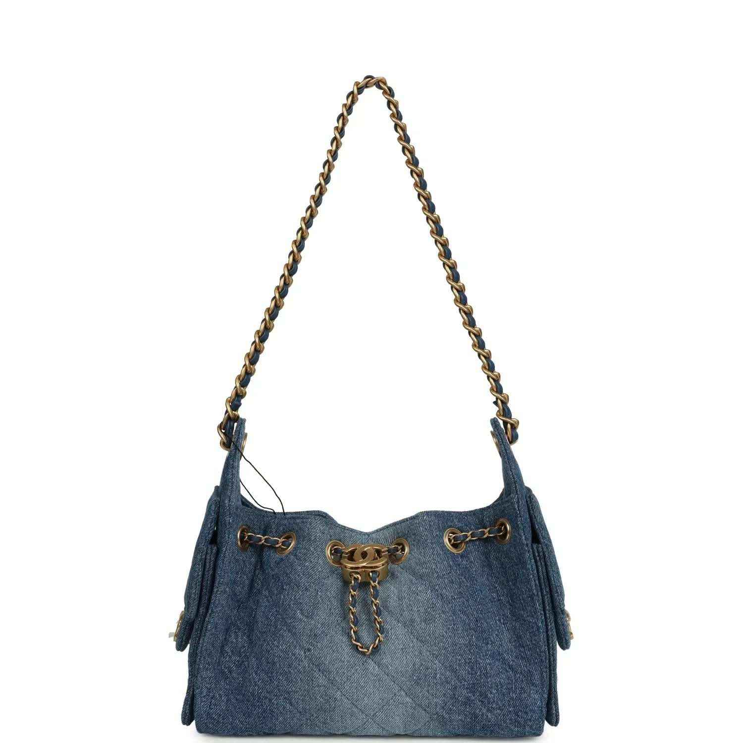 Blue washed denim mini hobo bag with chain strap and front drawcord accent