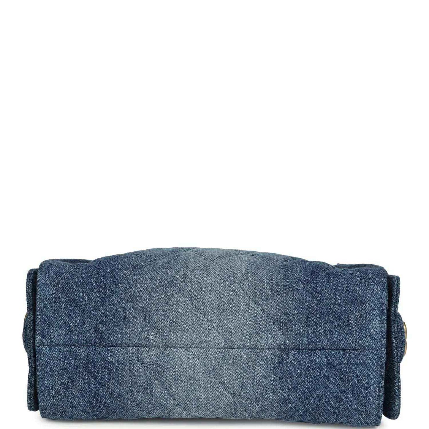 Blue washed denim mini hobo bag back panel with stitched fold and structured base
