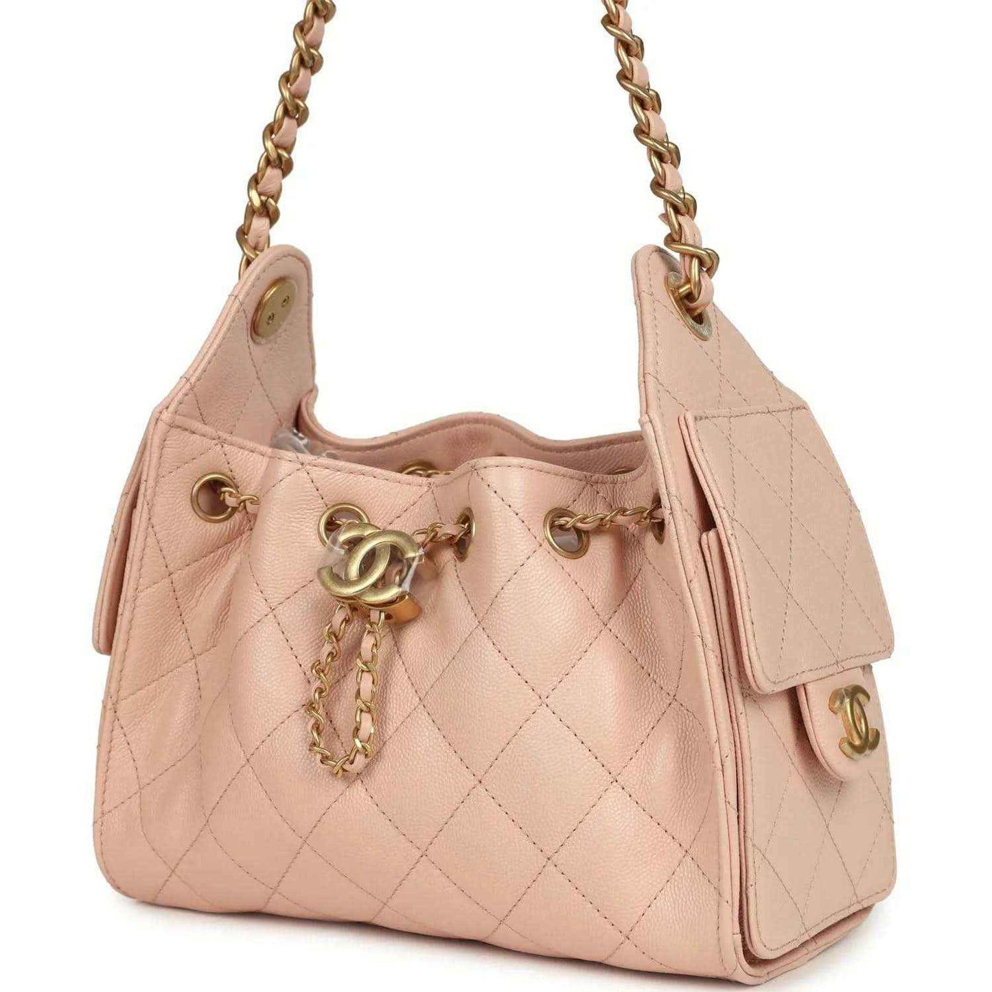 Mini 25 hobo bag in pink quilted caviar with side tassel accent and gold hardware