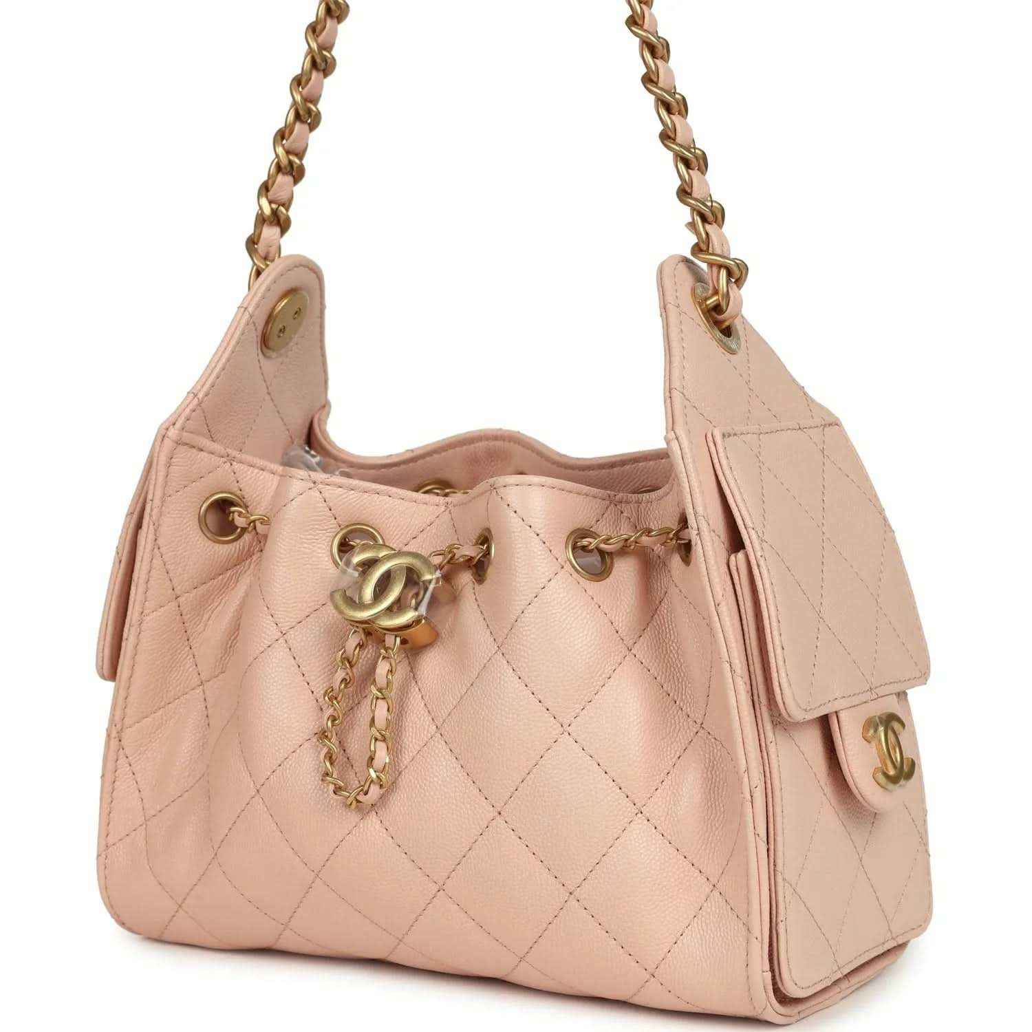 Mini 25 hobo bag in pink quilted caviar with side tassel accent and gold hardware
