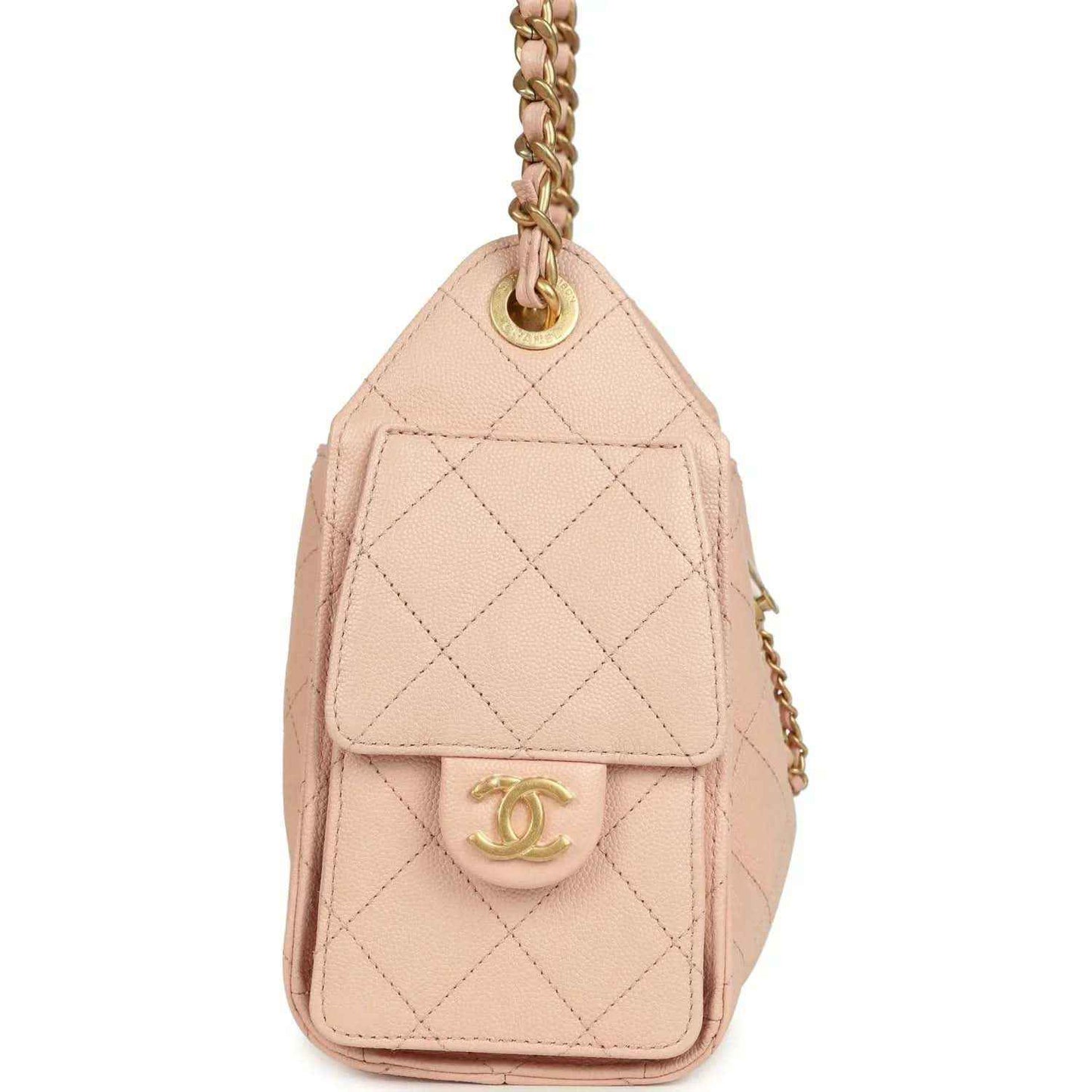 Mini 25 hobo bag with pink quilted flap, gold CC logo plaque, and chain strap
