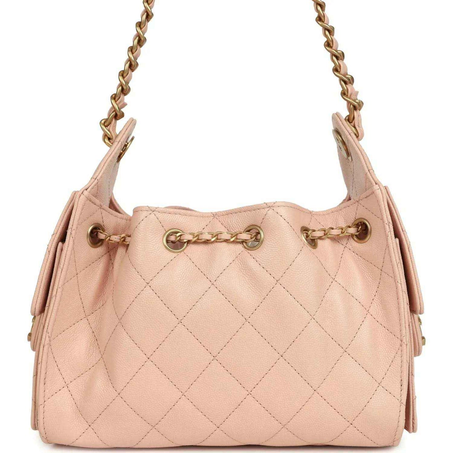 Chanel mini 25 hobo bag with pink quilted front, gold chain handles, and CC clasp