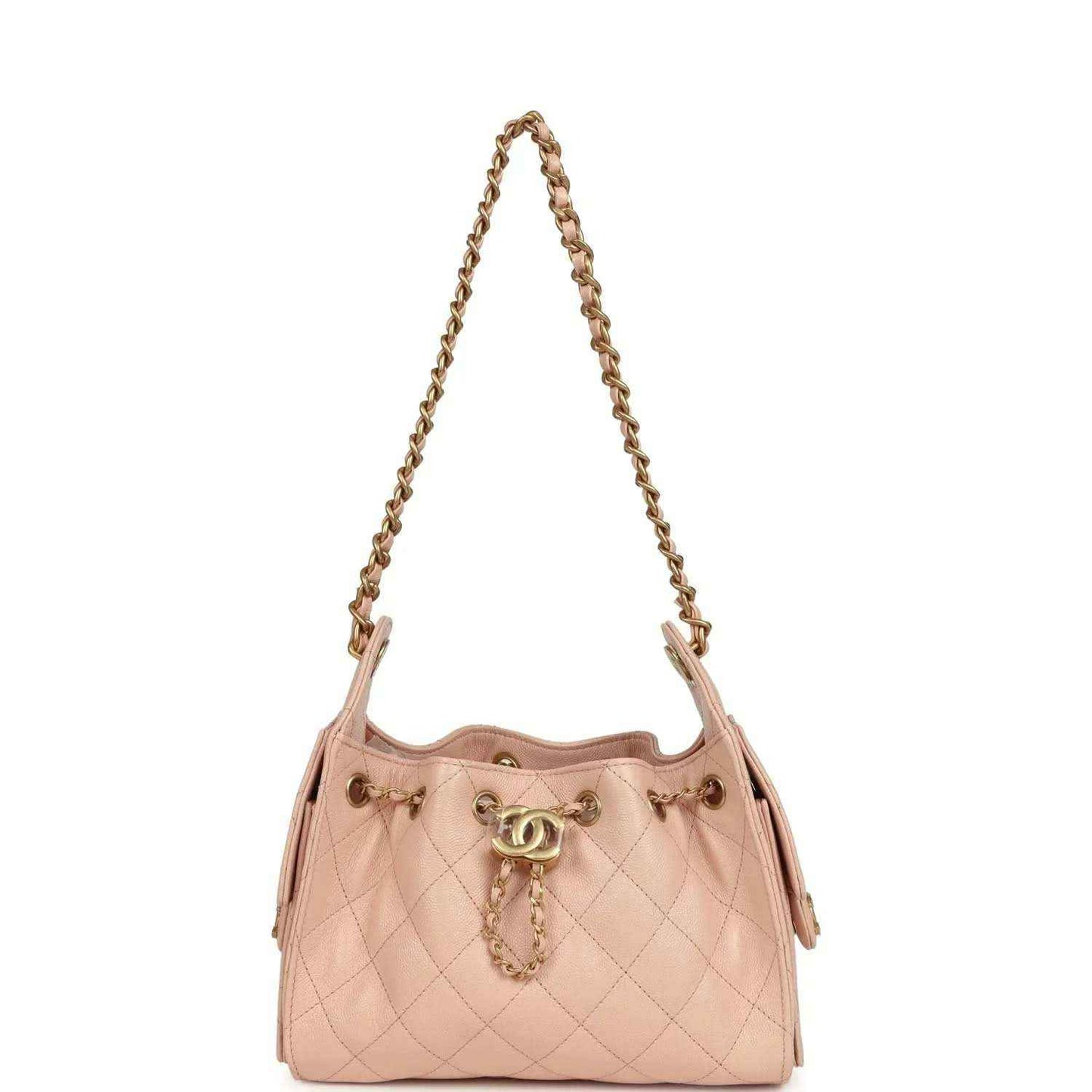 Mini 25 hobo bag in pink quilted caviar with rolled top and stitched diamond pattern