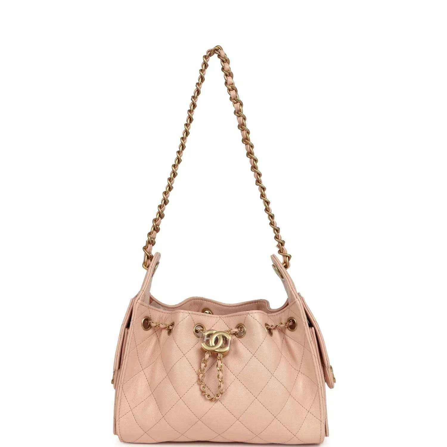 Mini 25 hobo bag in pink quilted caviar with rolled top and stitched diamond pattern