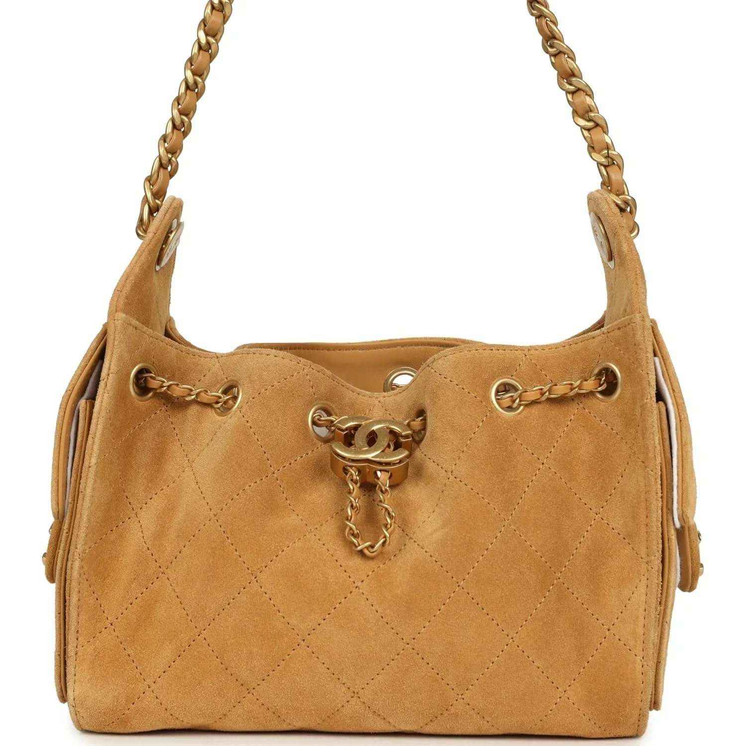 Tan suede hobo bag with quilted pattern, gold-tone chain strap, and CC charm pull tab