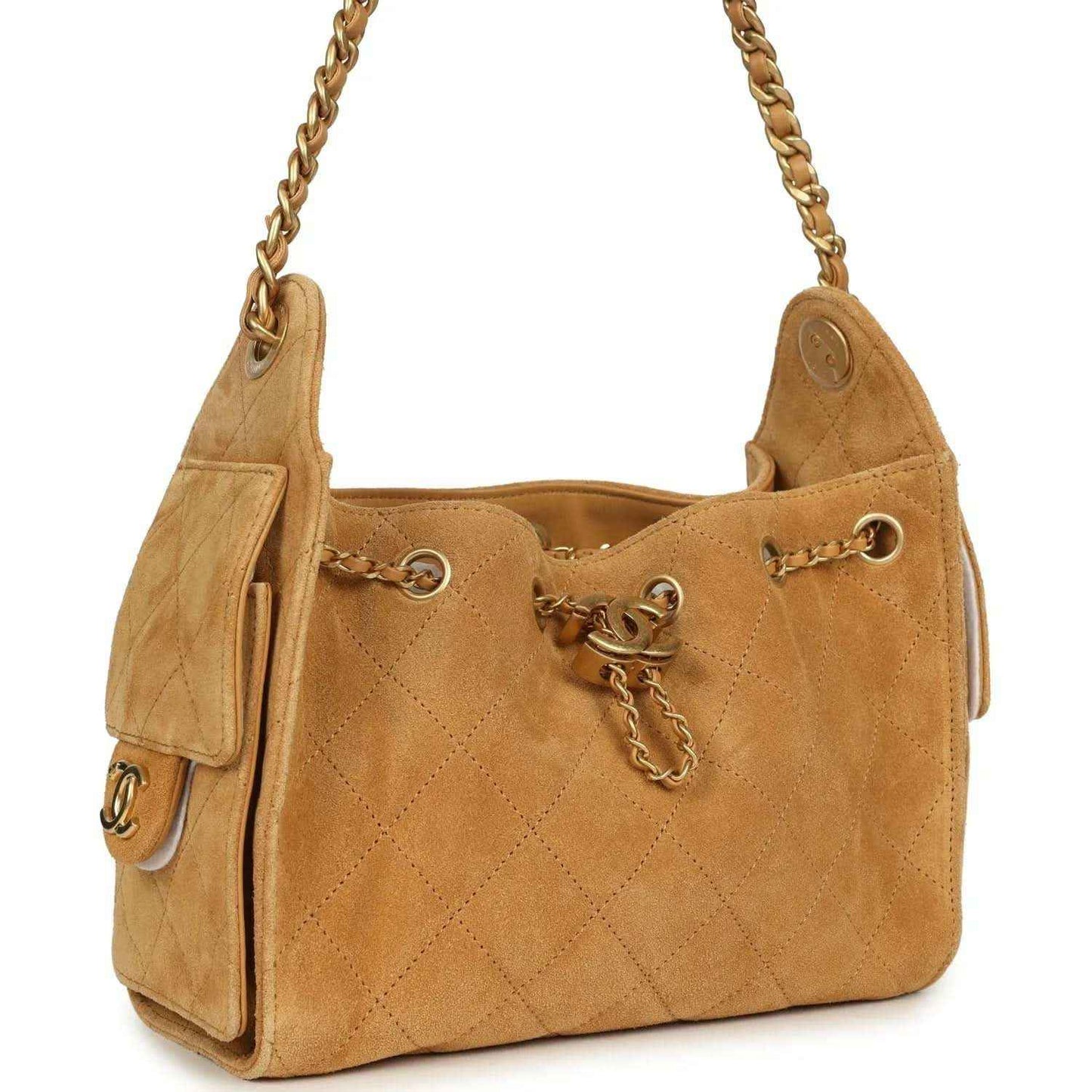 Tan suede hobo bag with quilted diamond stitching, gold-tone chain strap, and CC charm