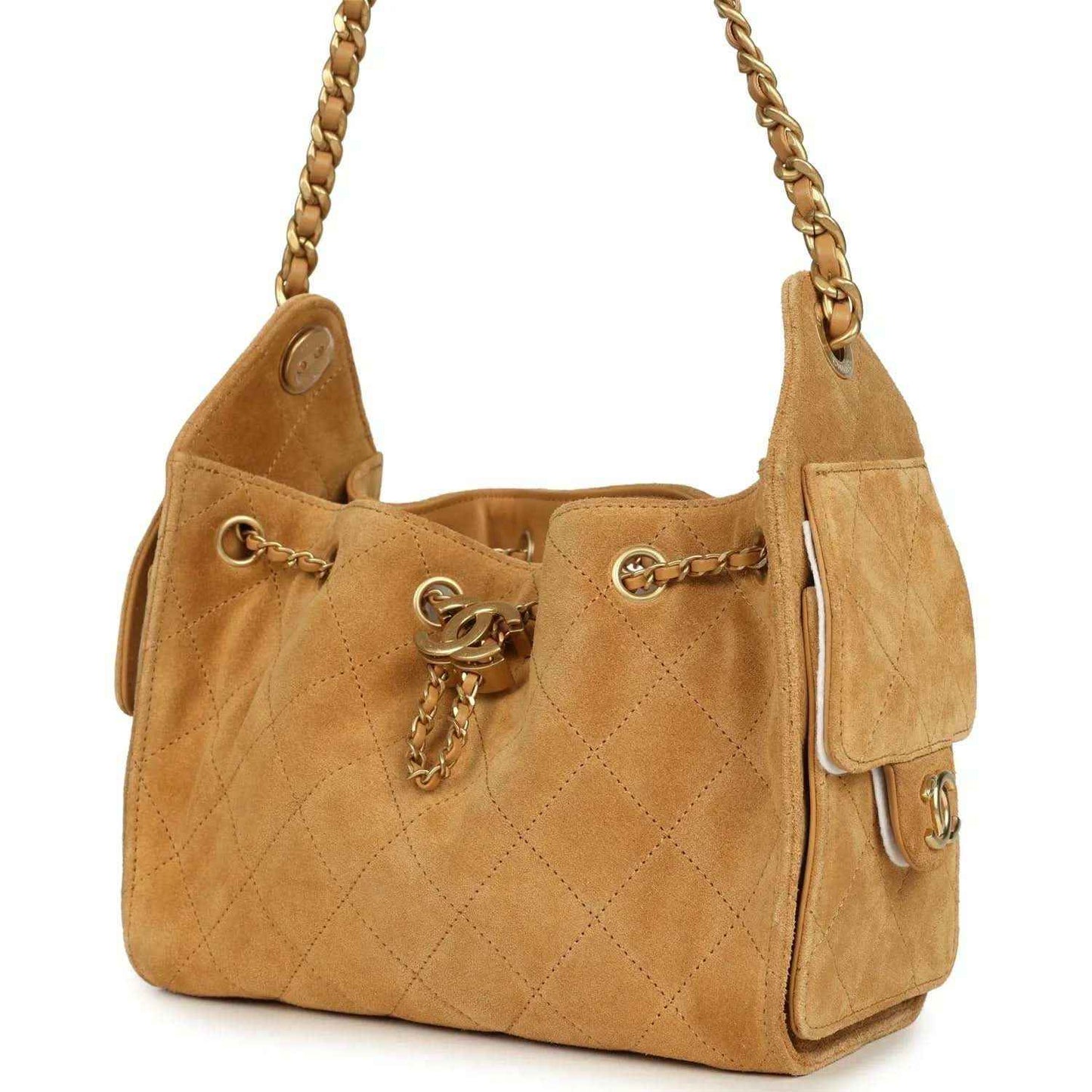 Tan suede hobo bag with side pocket, gold-tone chain strap, and CC charm detail