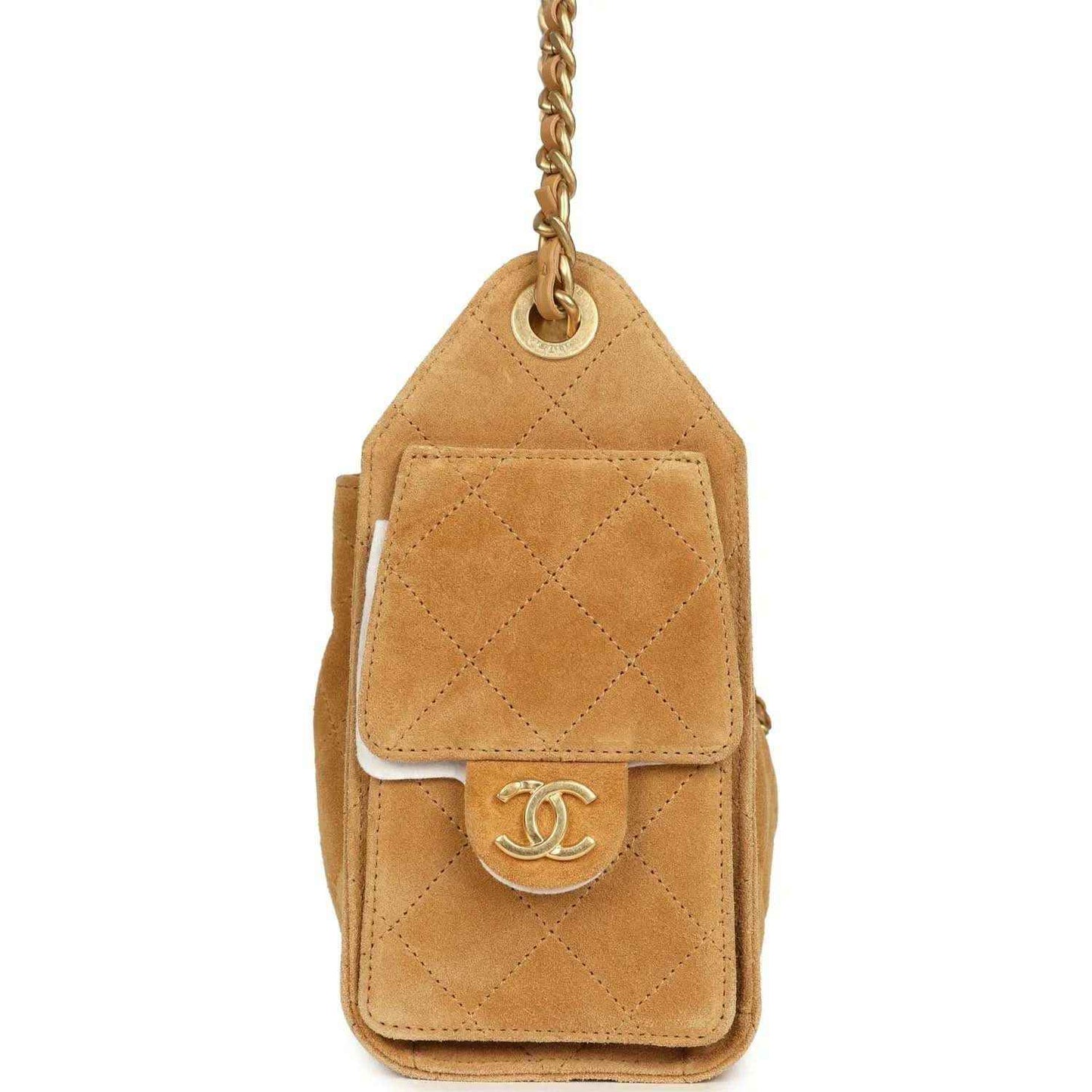 Tan suede mini hobo bag with quilted diamond panel and flap with CC logo