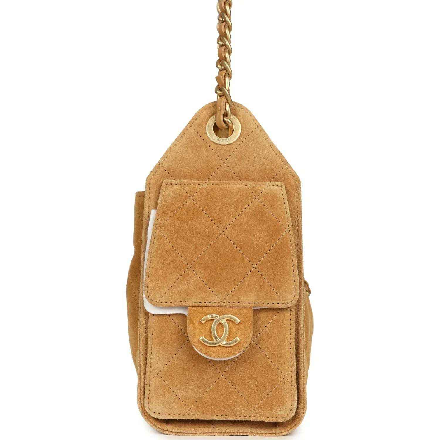 Tan suede mini hobo bag with quilted diamond panel and flap with CC logo