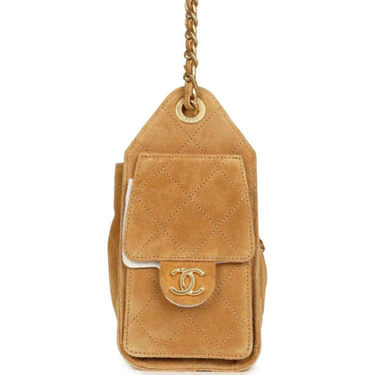 Tan suede mini hobo bag with quilted diamond panel and flap with CC logo