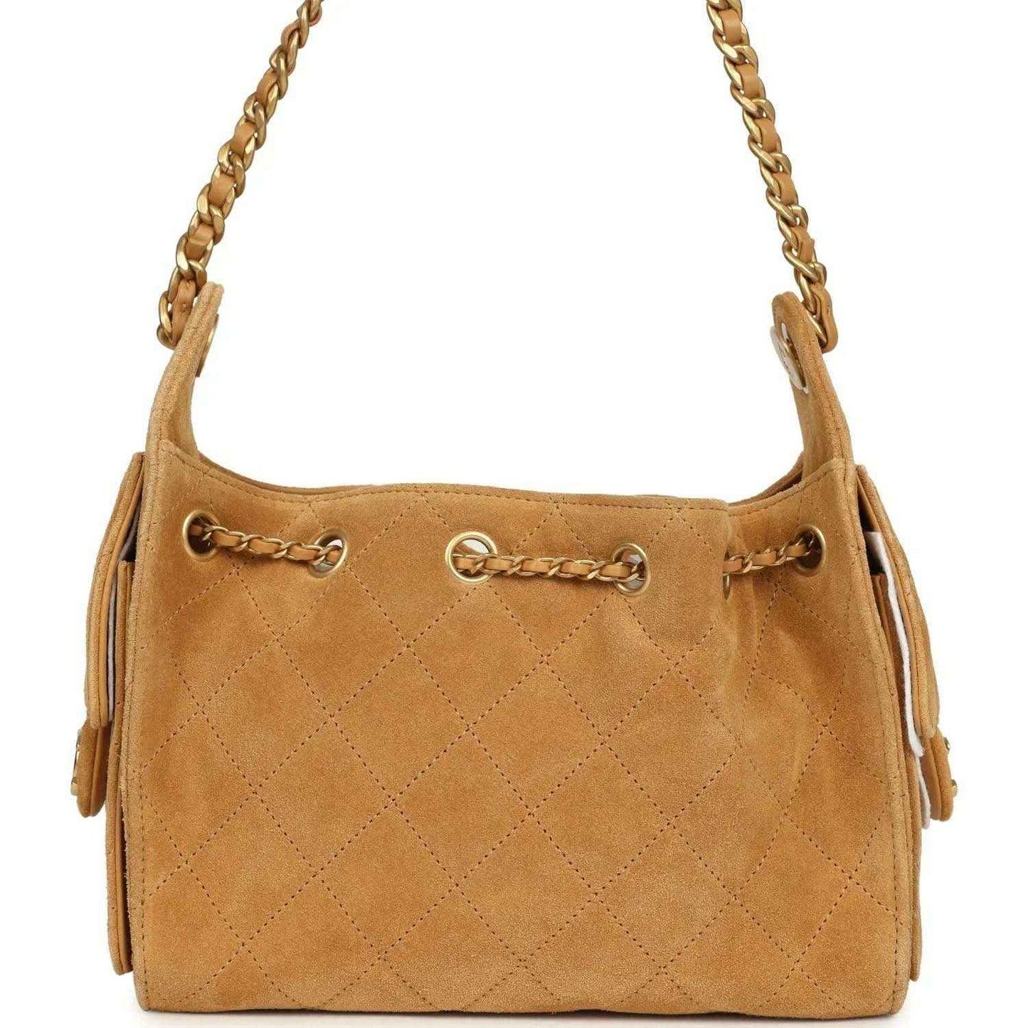 Tan suede hobo bag with quilted diamond stitching, gold-tone chain handles, and CC charm