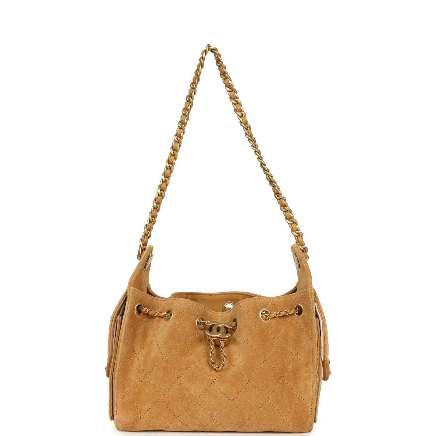 Tan suede mini hobo bag with quilted diamond pattern and gold-tone chain strap