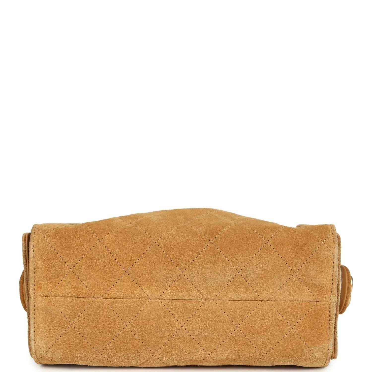 Tan suede hobo bag back panel with quilted diamond stitching and stitched edges
