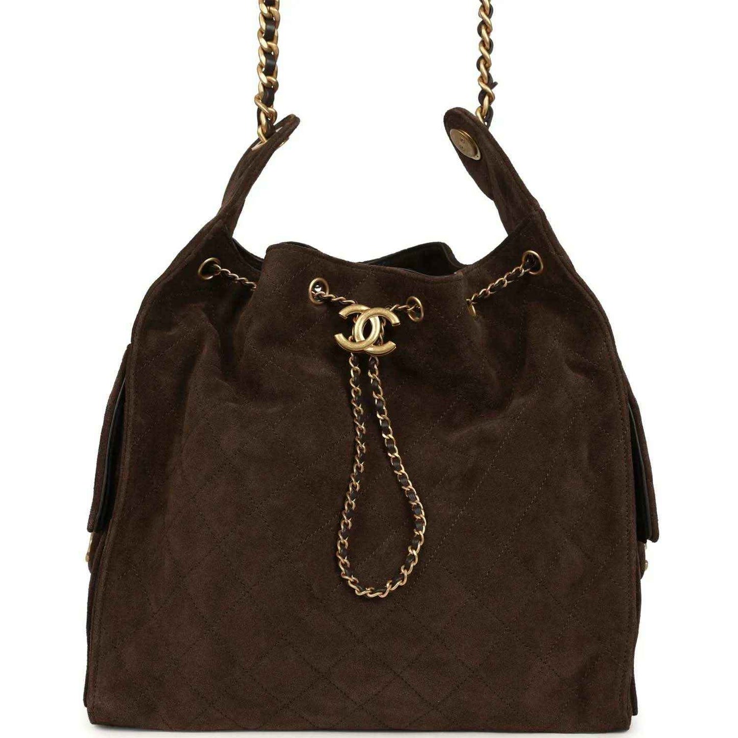 Dark brown suede hobo bag with chain handles and gold CC logo charm