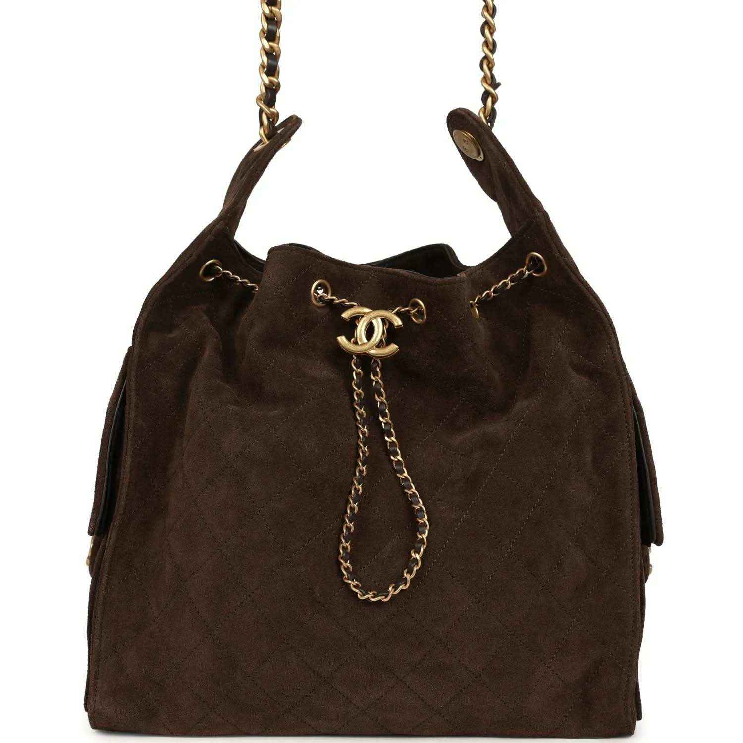 Dark brown suede hobo bag with chain handles and gold CC logo charm