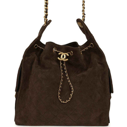 Dark brown suede hobo bag with chain handles and gold CC logo charm