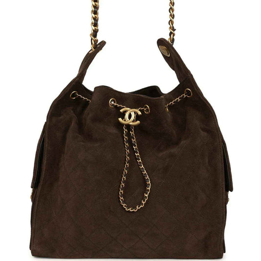 Dark brown suede hobo bag with chain handles and gold CC logo charm
