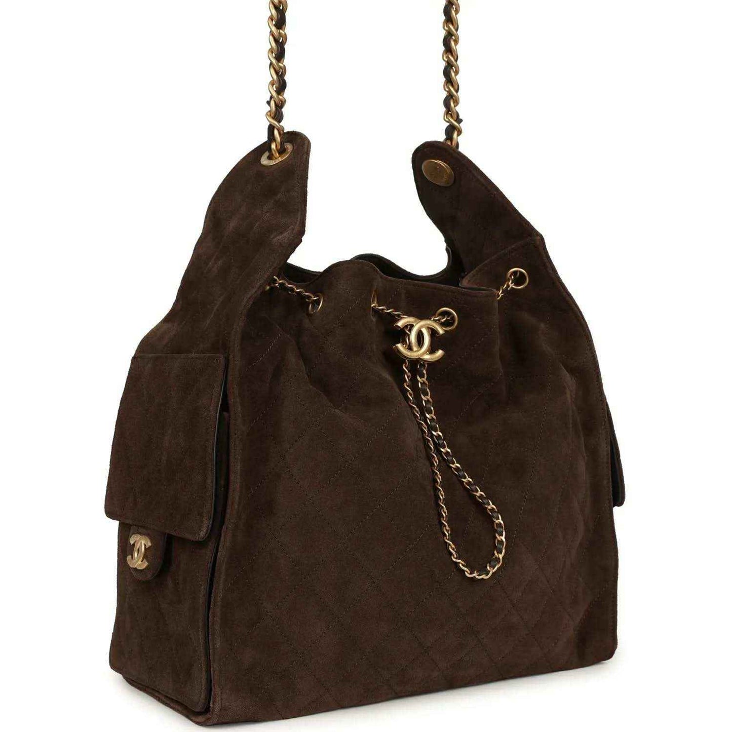 Dark brown suede hobo bag with chain handles, gold CC logo, and side pocket flap