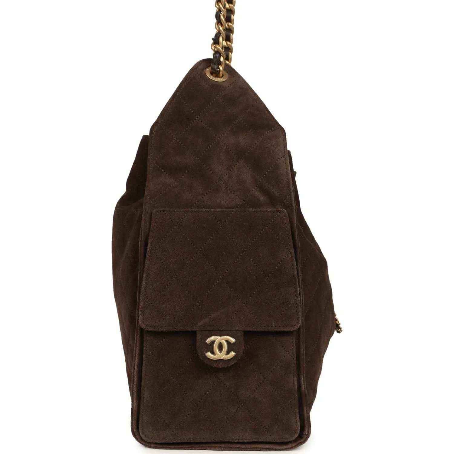 Dark brown suede mini shoulder bag with flap pocket and gold CC logo emblem