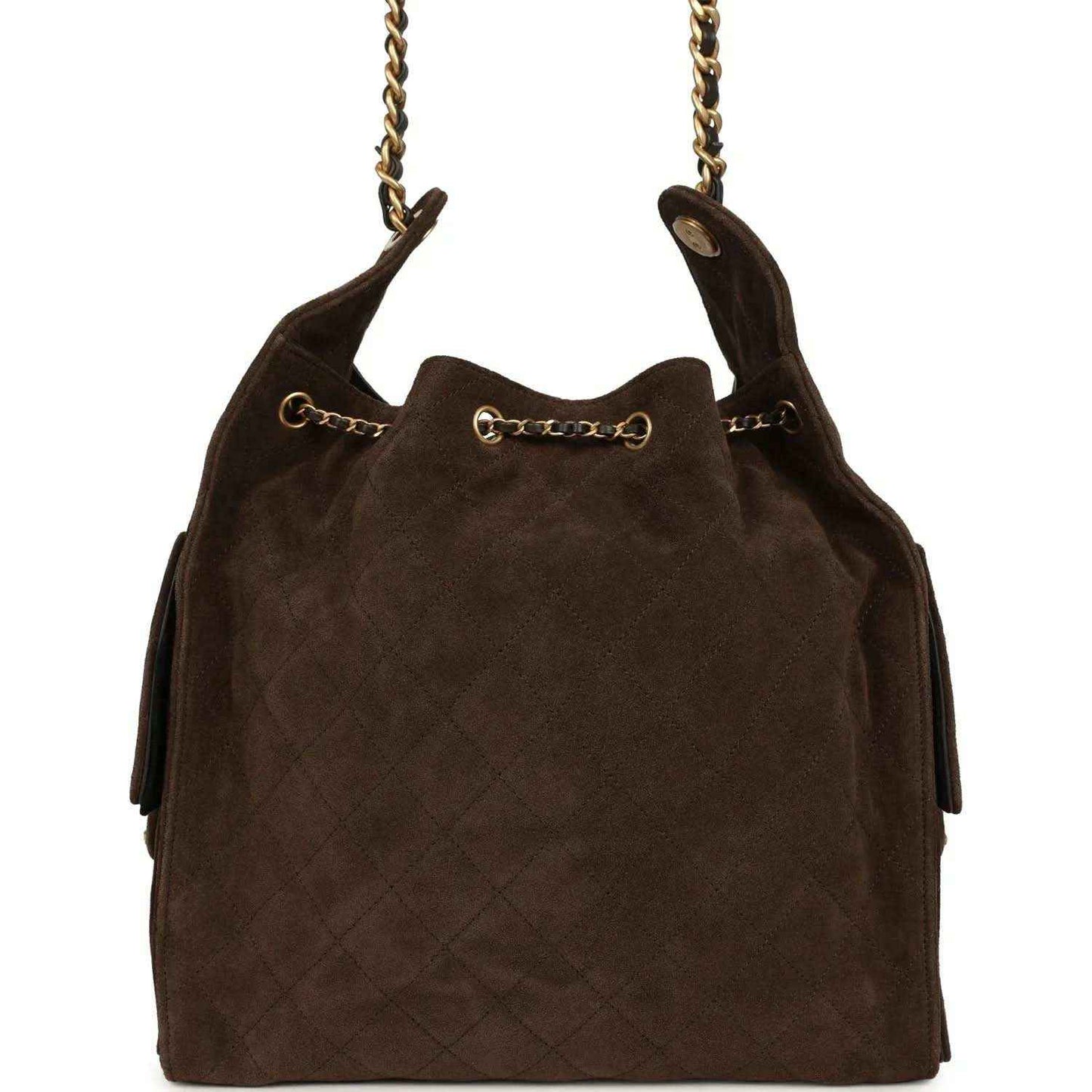 Dark brown suede hobo bag with quilted base and chain handles