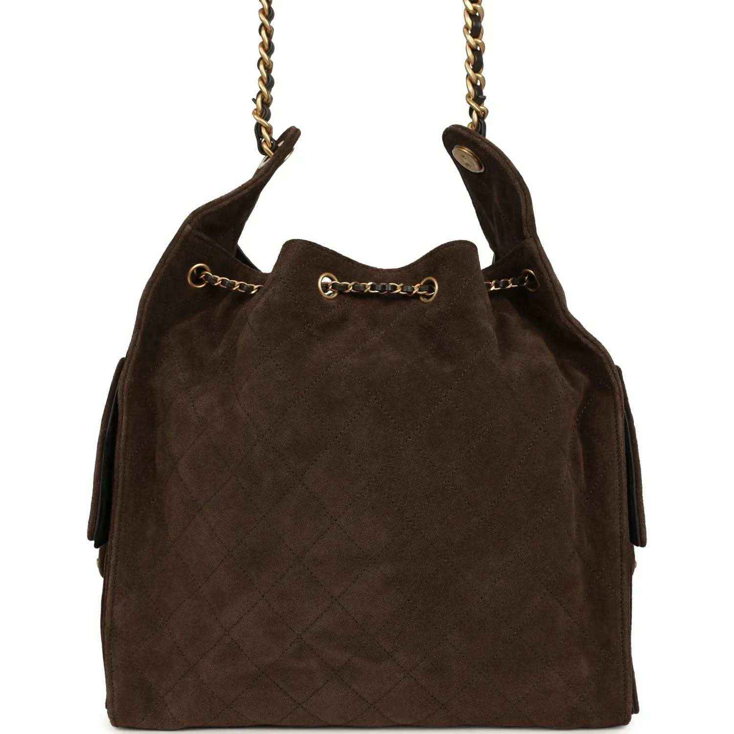 Dark brown suede hobo bag with quilted base and chain handles