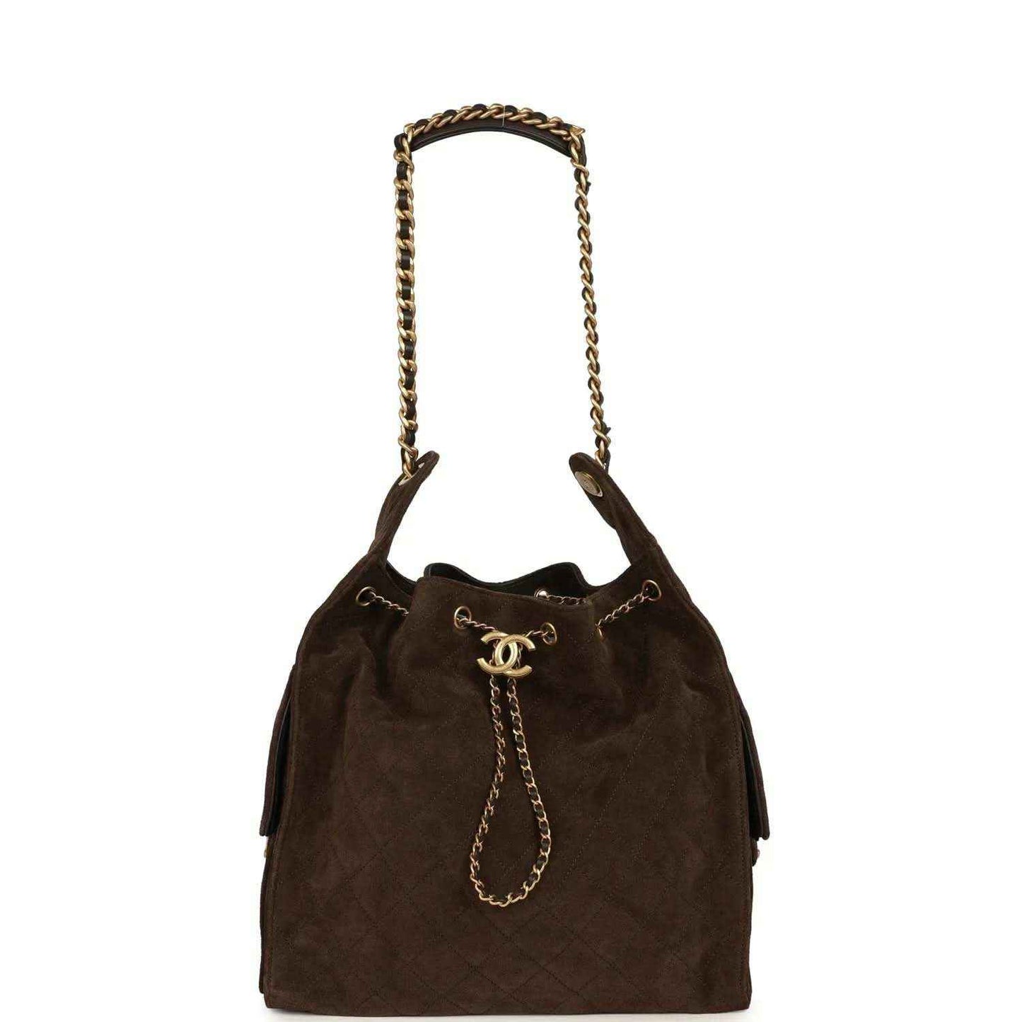Dark brown suede hobo bag with gold CC logo charm and braided chain straps