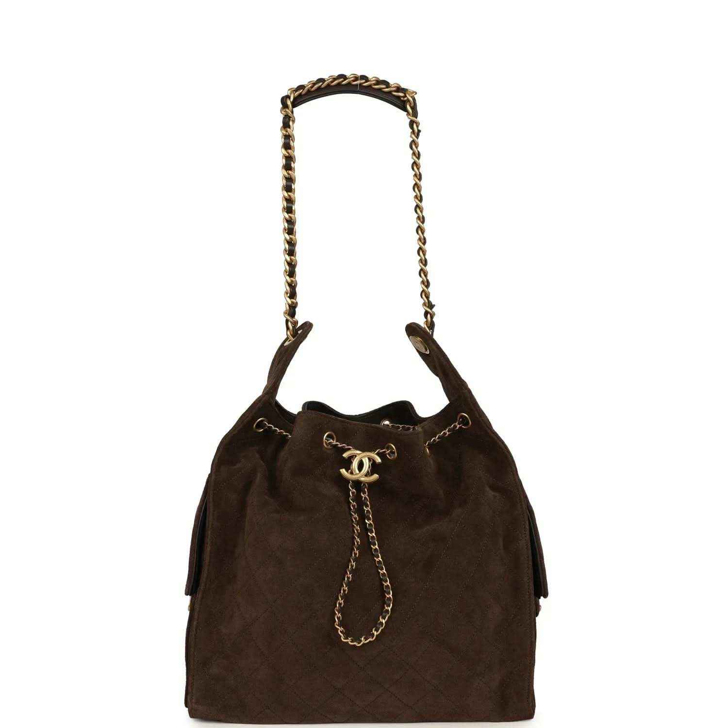 Dark brown suede hobo bag with gold CC logo charm and braided chain straps
