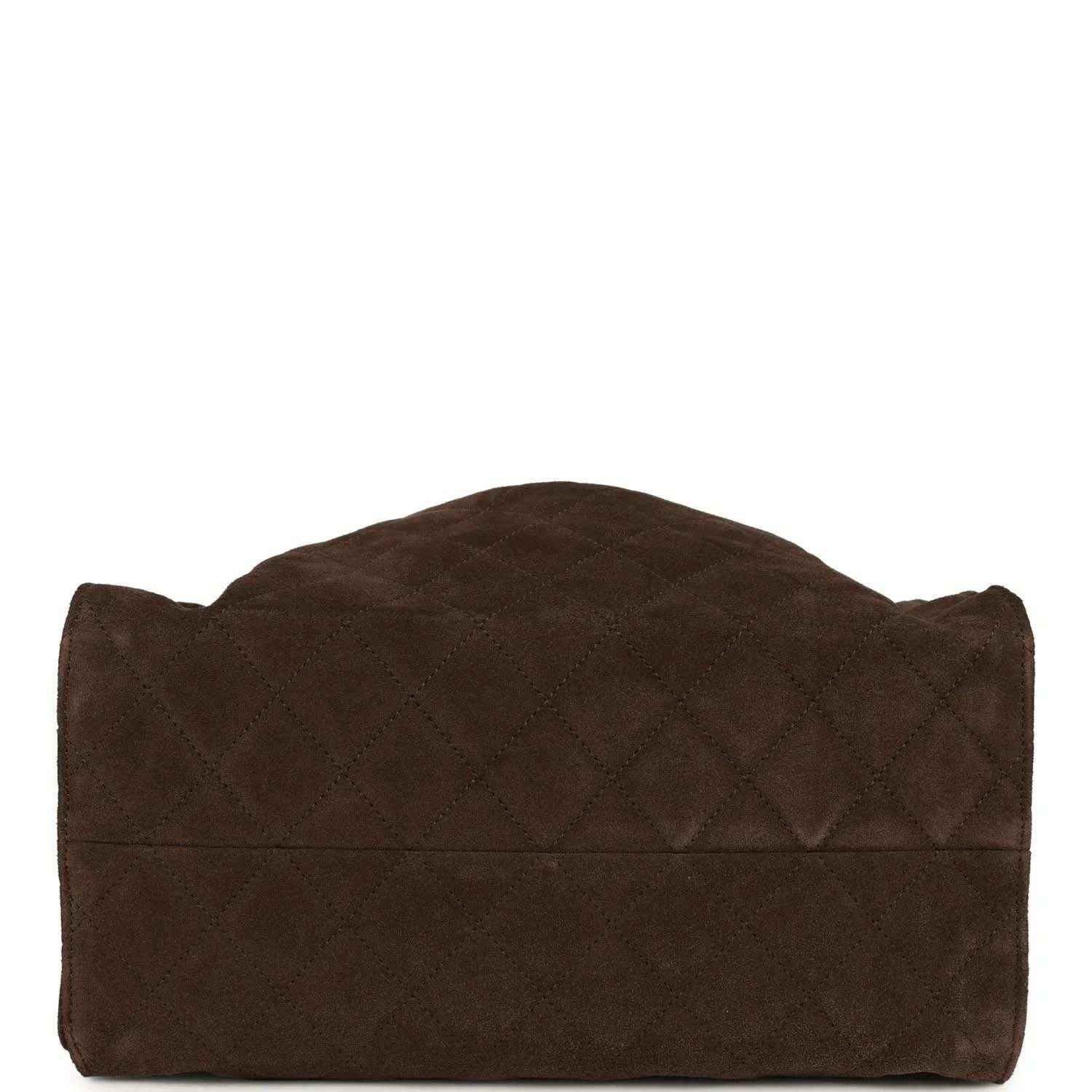 Dark brown suede hobo bag with quilted top panel
