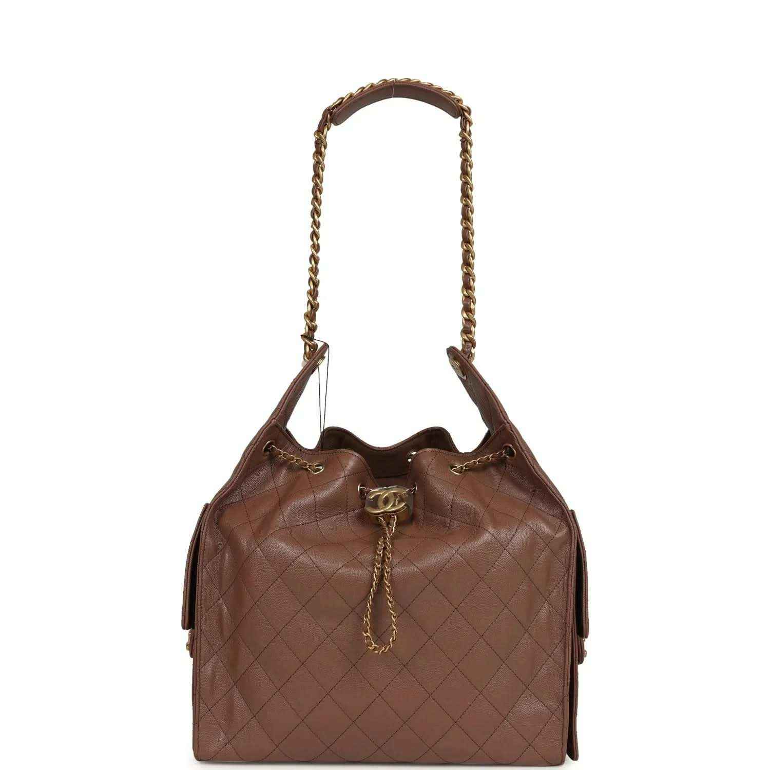Brown quilted hobo bag with gold-tone chain handles and Chanel turn-lock clasp