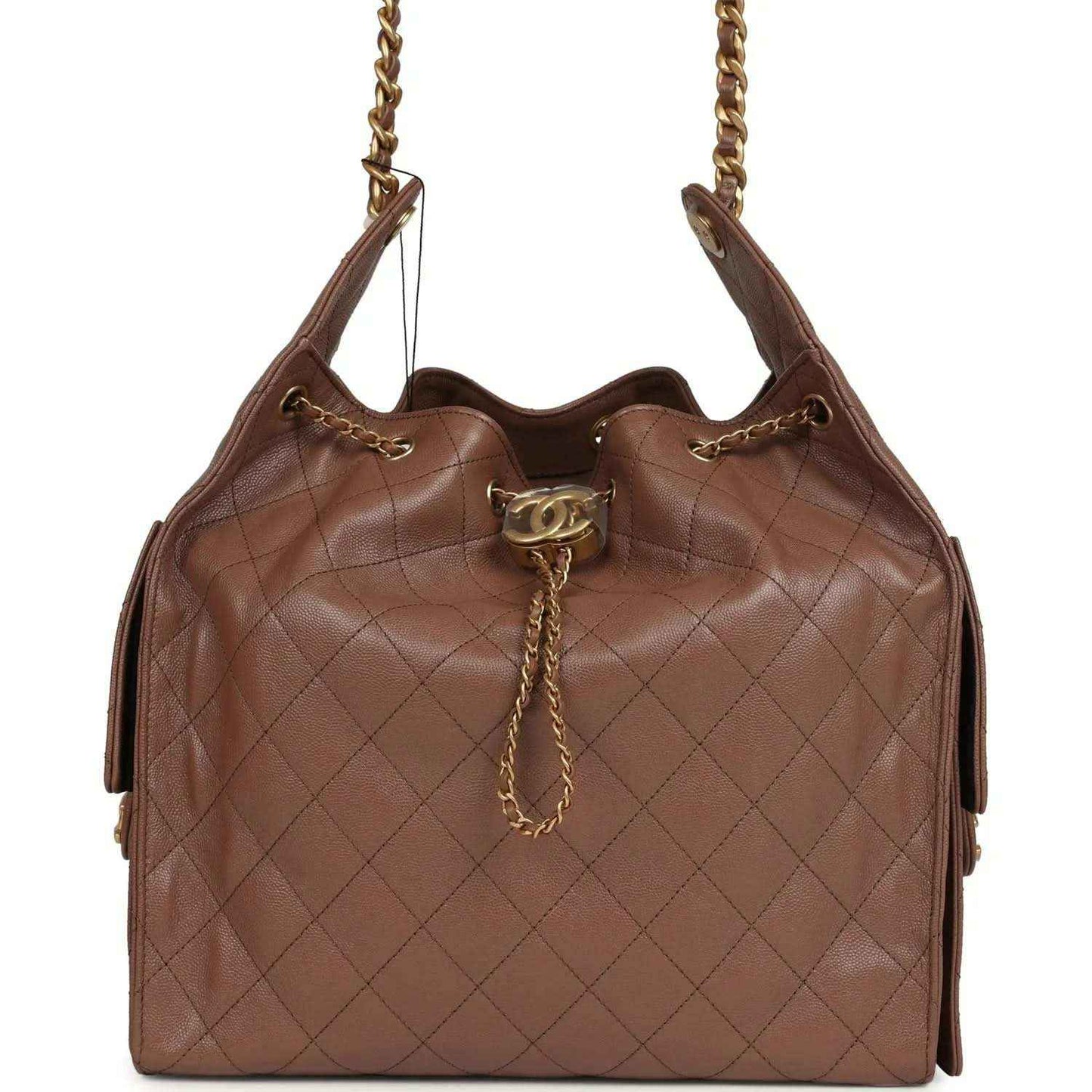 Brown quilted caviar hobo bag with chain strap and Chanel turn-lock clasp