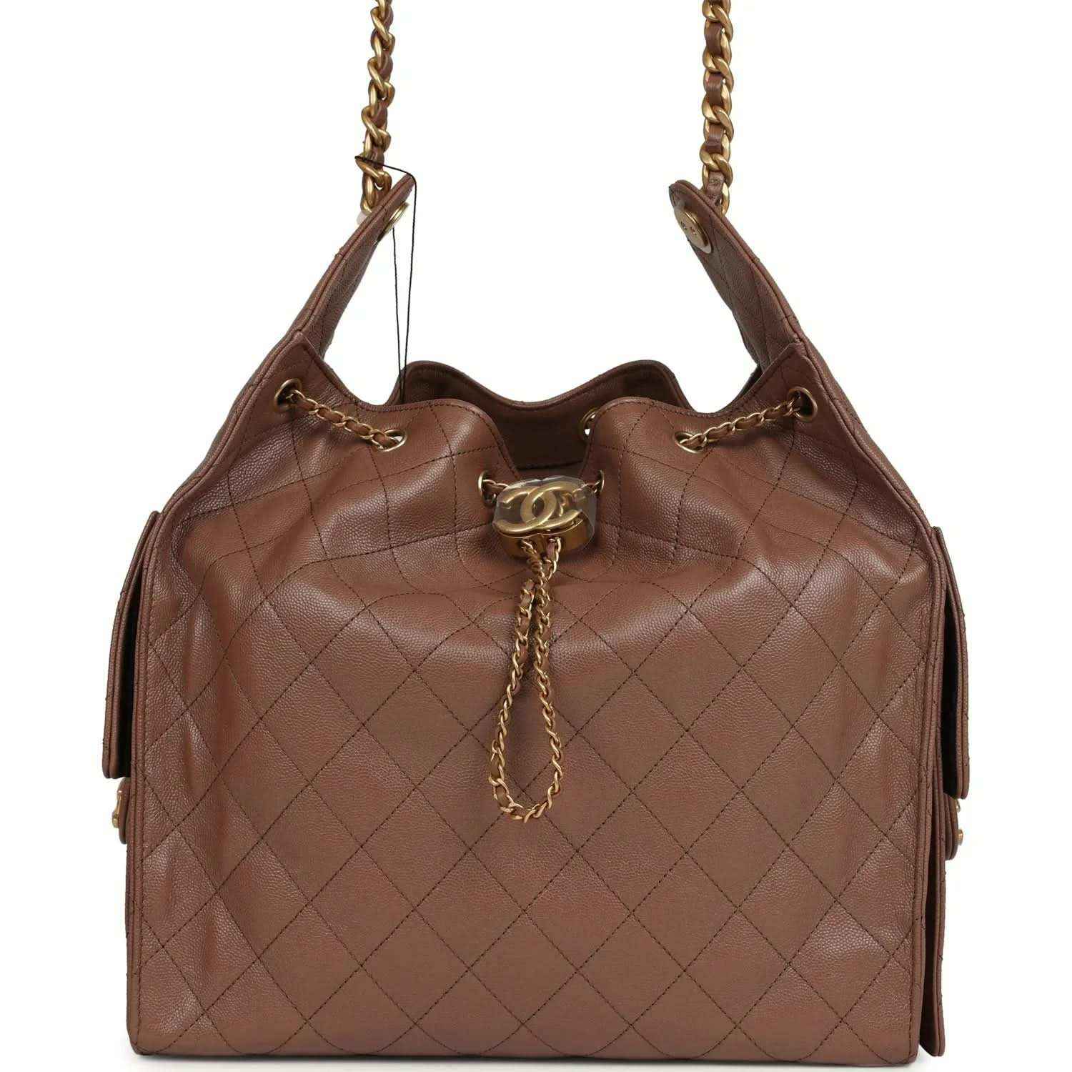 Brown quilted caviar hobo bag with chain strap and Chanel turn-lock clasp
