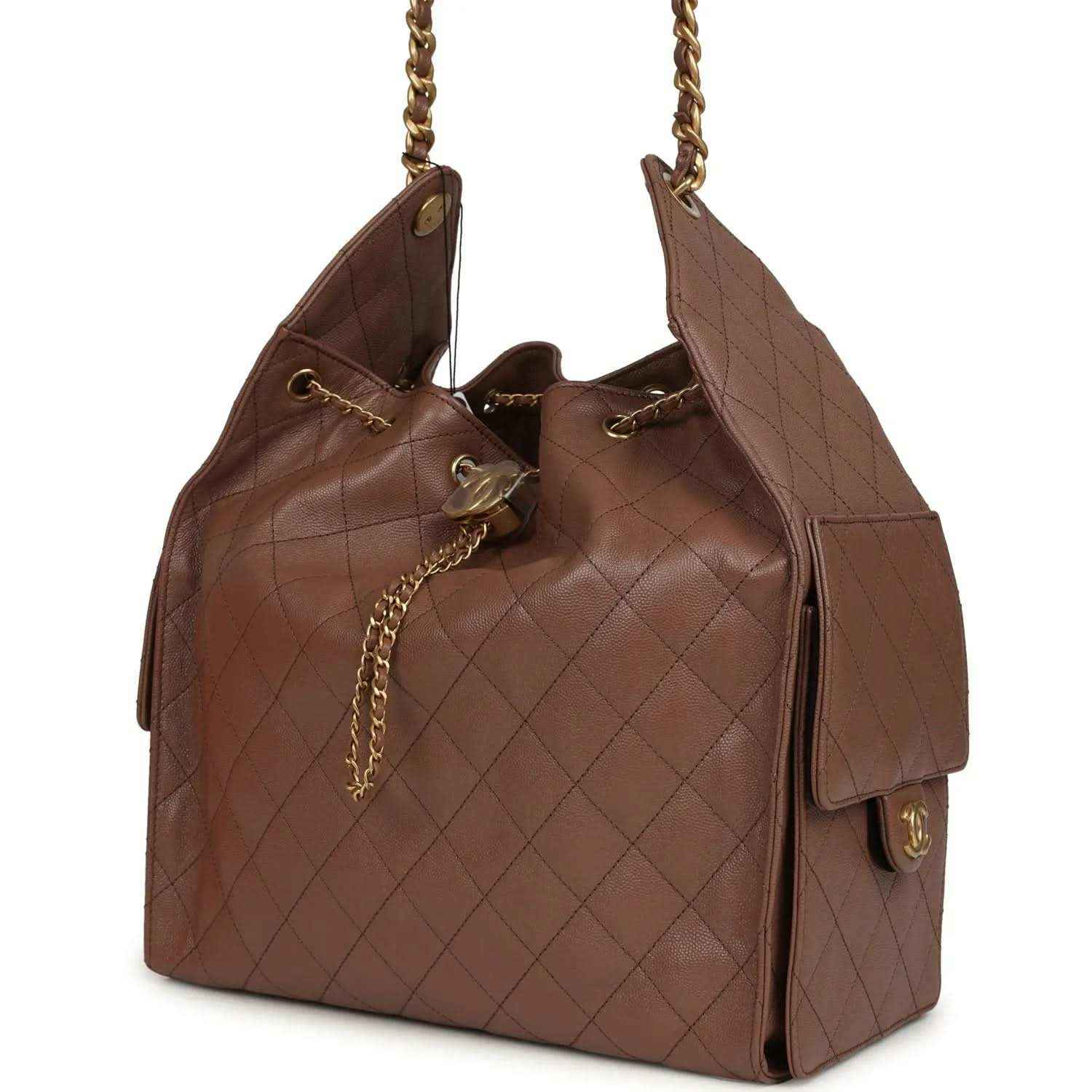 Brown quilted hobo bag with chain strap, side pocket tabs, and Chanel clasp