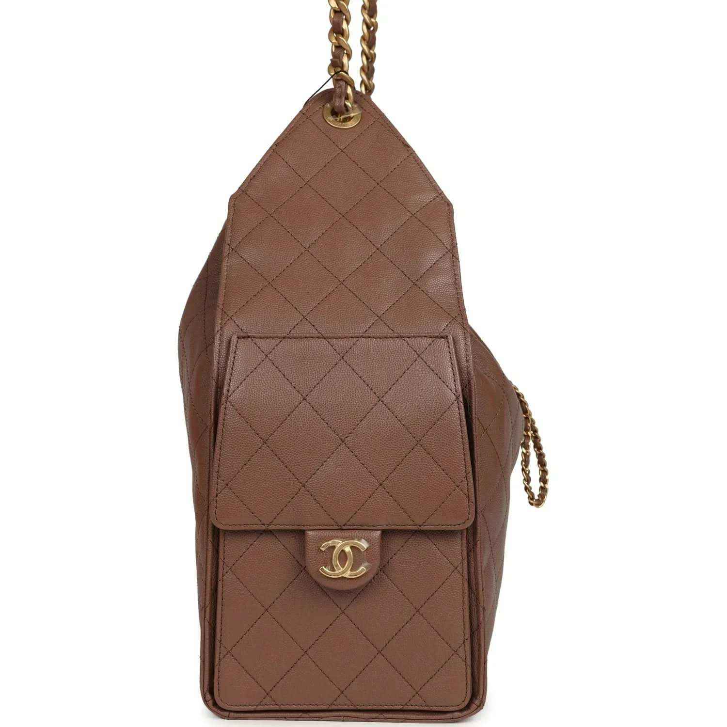 Brown quilted hobo bag with front flap pocket, gold chain, and Chanel logo