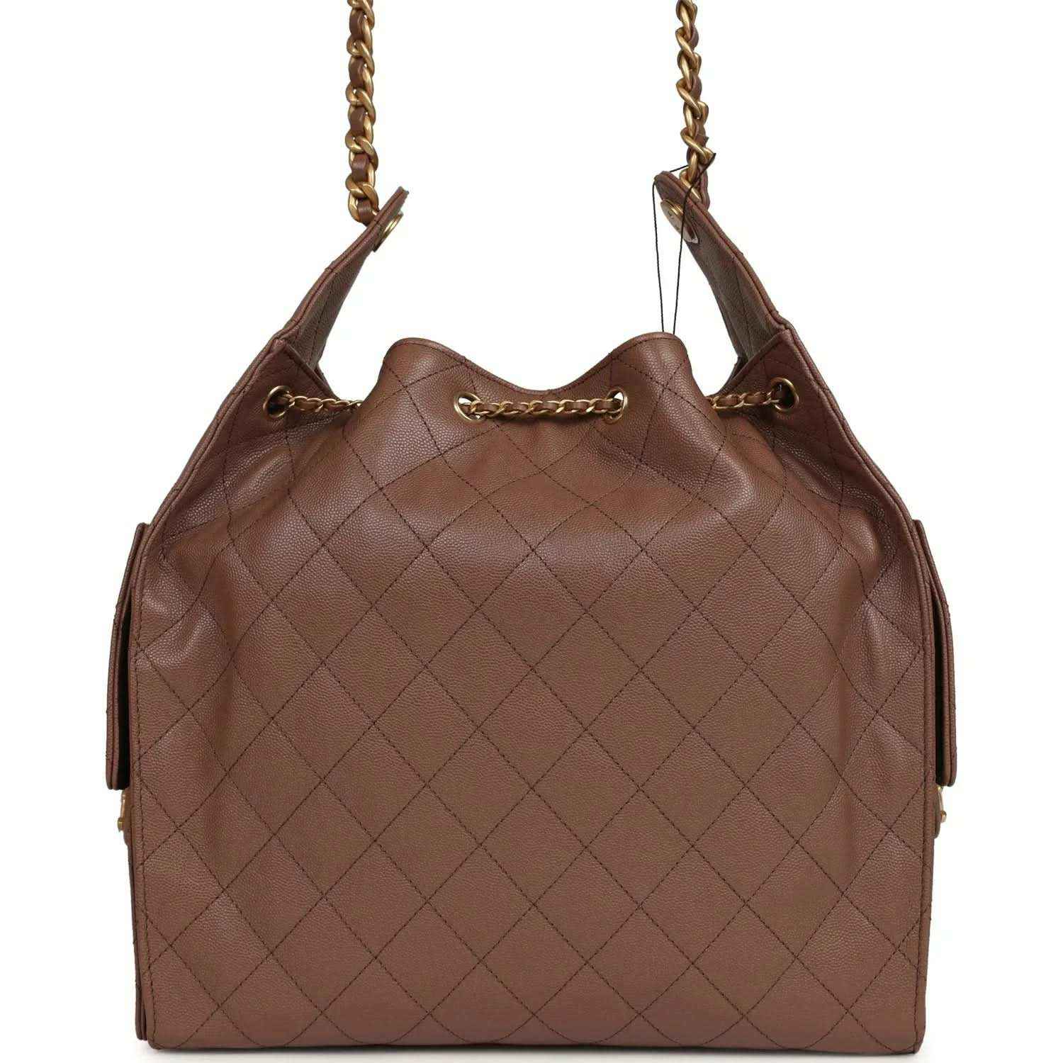 Brown quilted caviar hobo bag with gold-tone chain handles and Chanel clasp