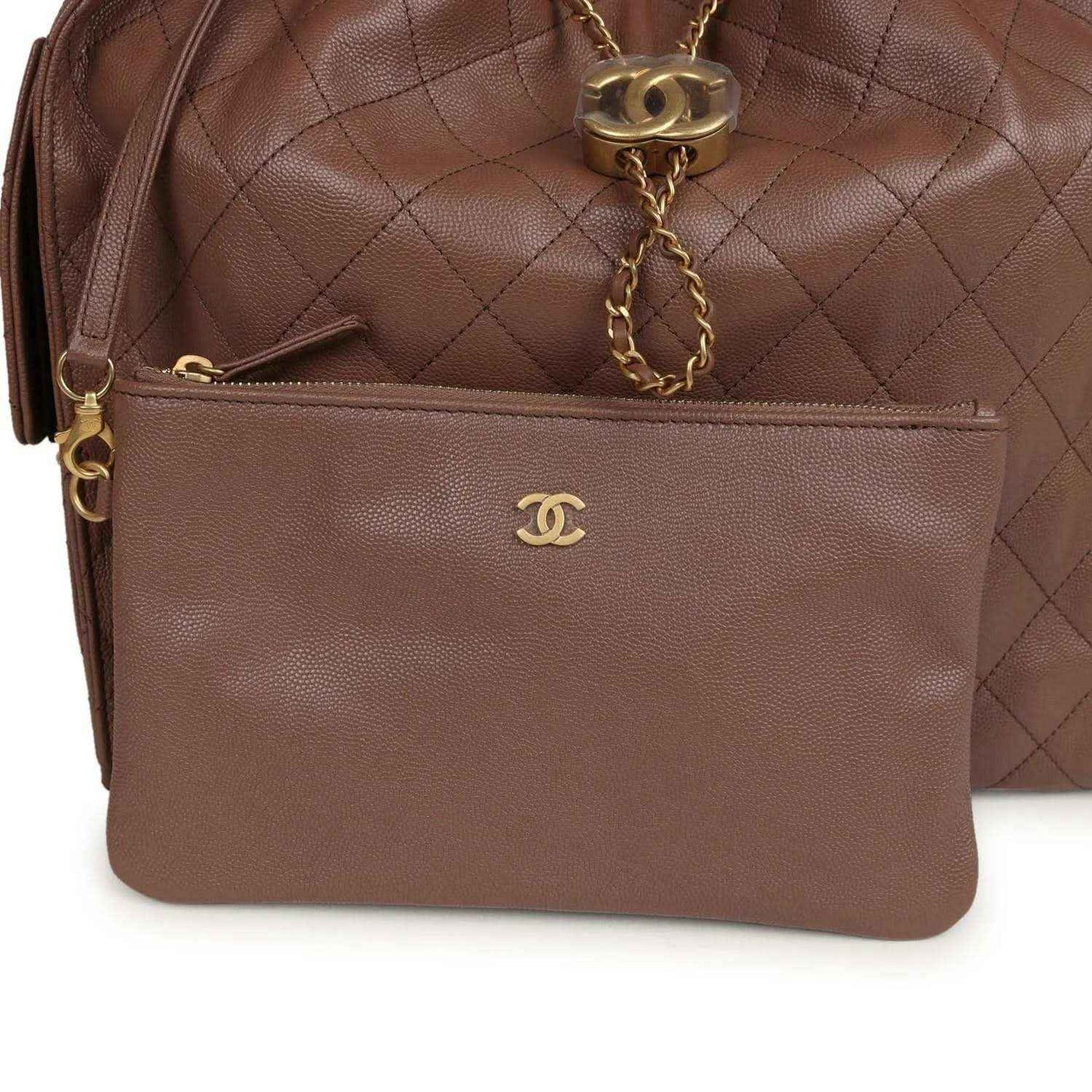 Brown inner zip pouch with Chanel logo and gold-tone chain detail