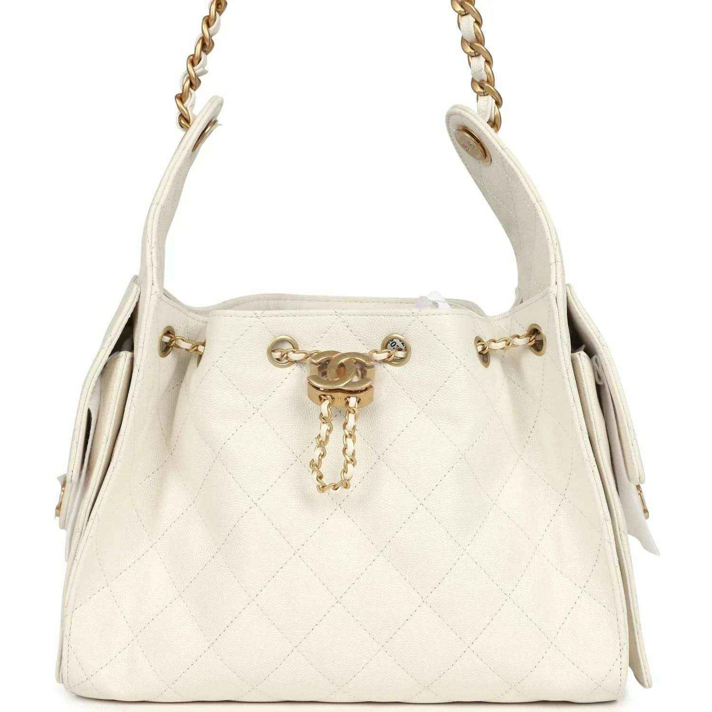 Chanel small quilted hobo bag in white with gold chain straps and CC emblem charm