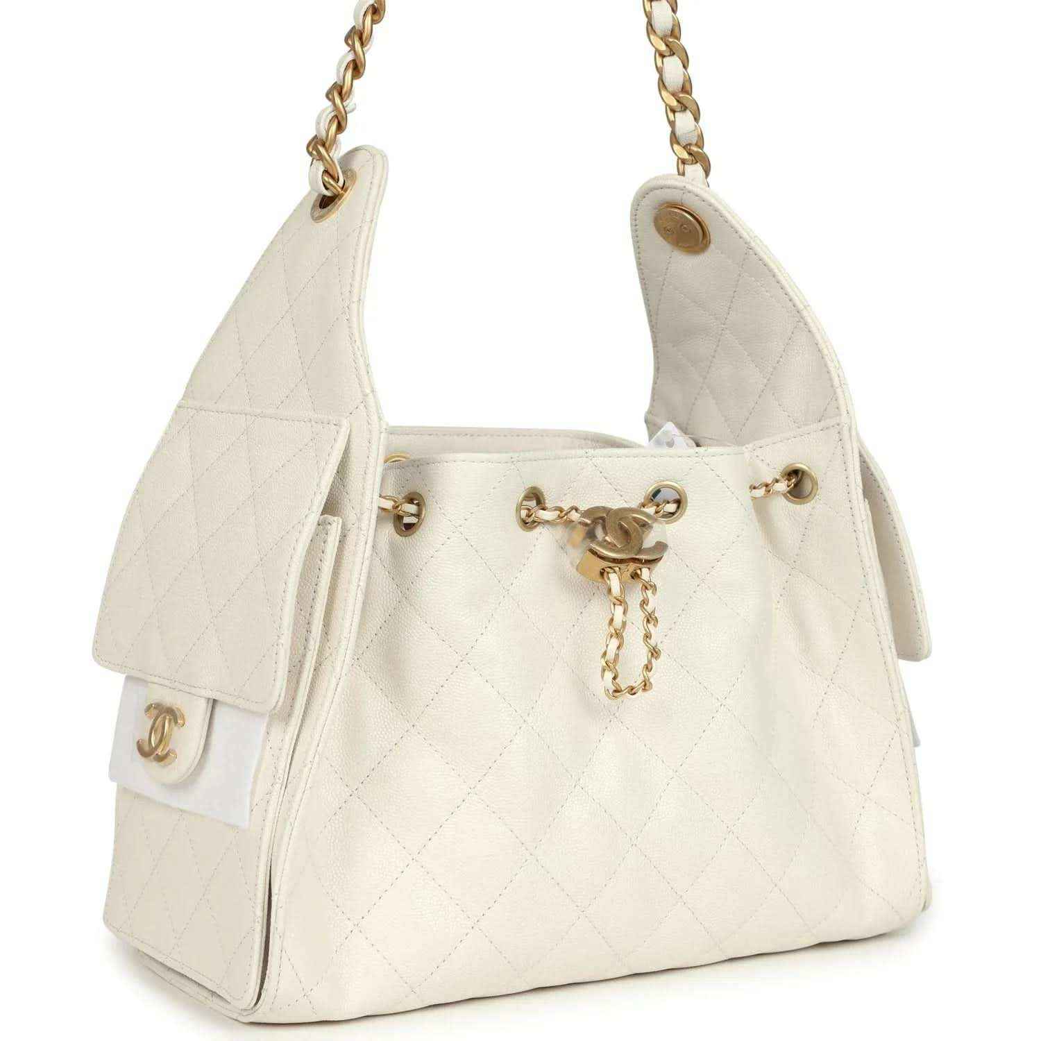 Chanel small quilted hobo bag in white with gold chain straps and front snap hardware
