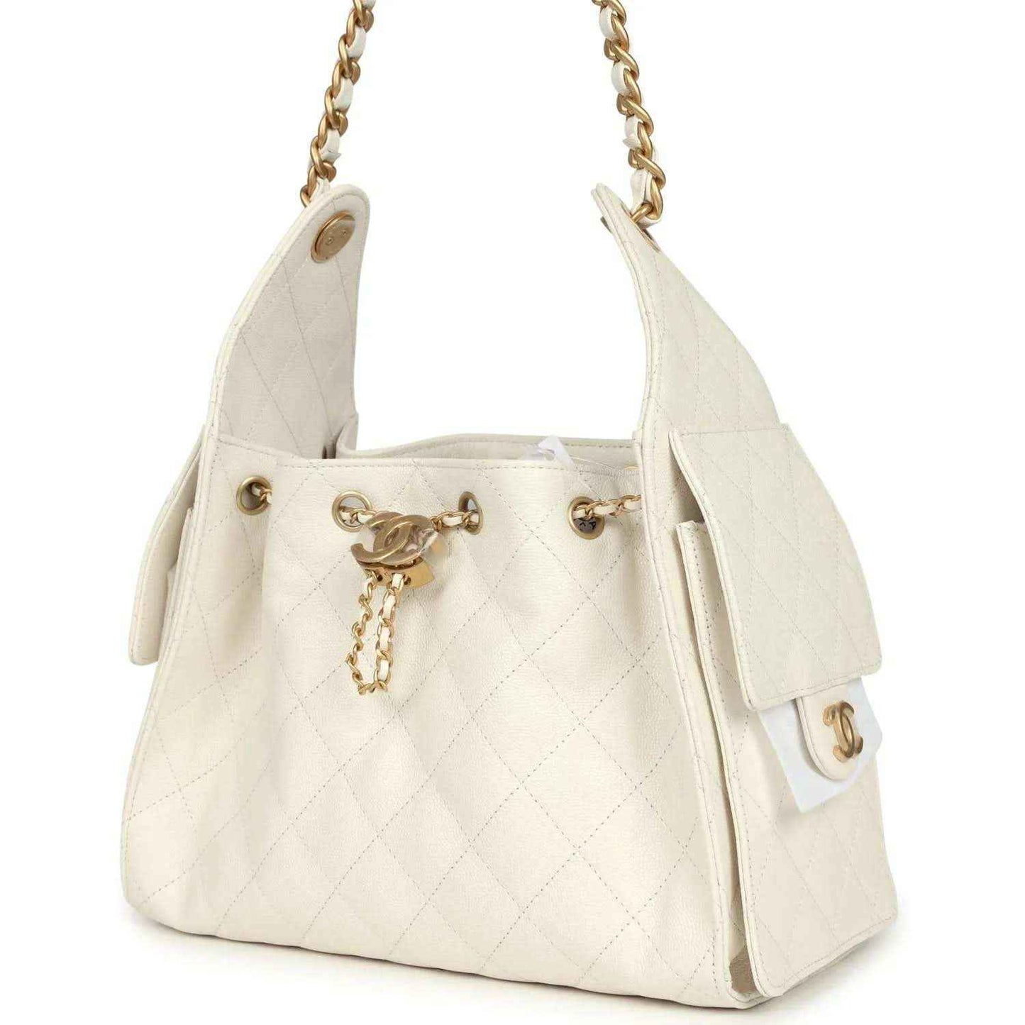 Chanel small quilted hobo bag in white with gold chain straps, front clasp and tassel pulls