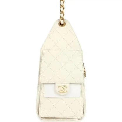 Chanel small quilted hobo bag with white exterior, gold chain, and CC patch on flap