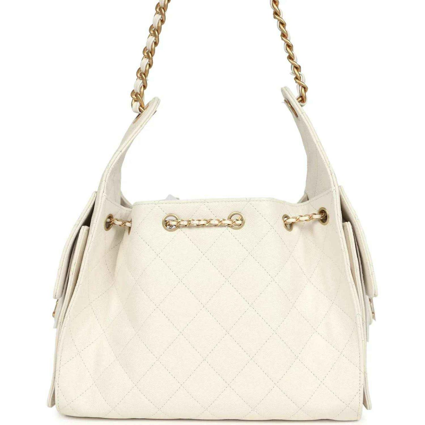 Chanel small quilted hobo bag in white with gold top clasp and chain handles