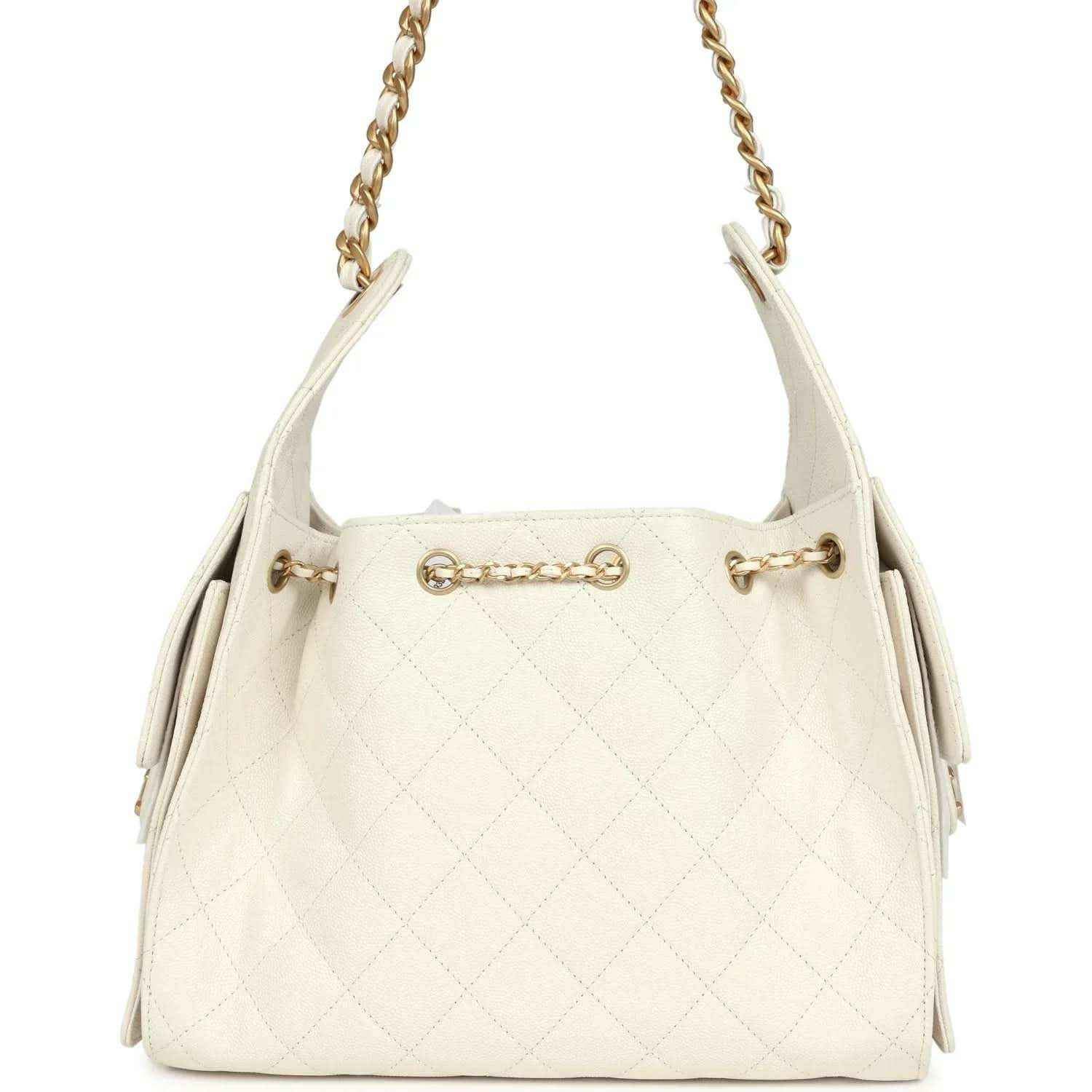 Chanel small quilted hobo bag in white with gold top clasp and chain handles