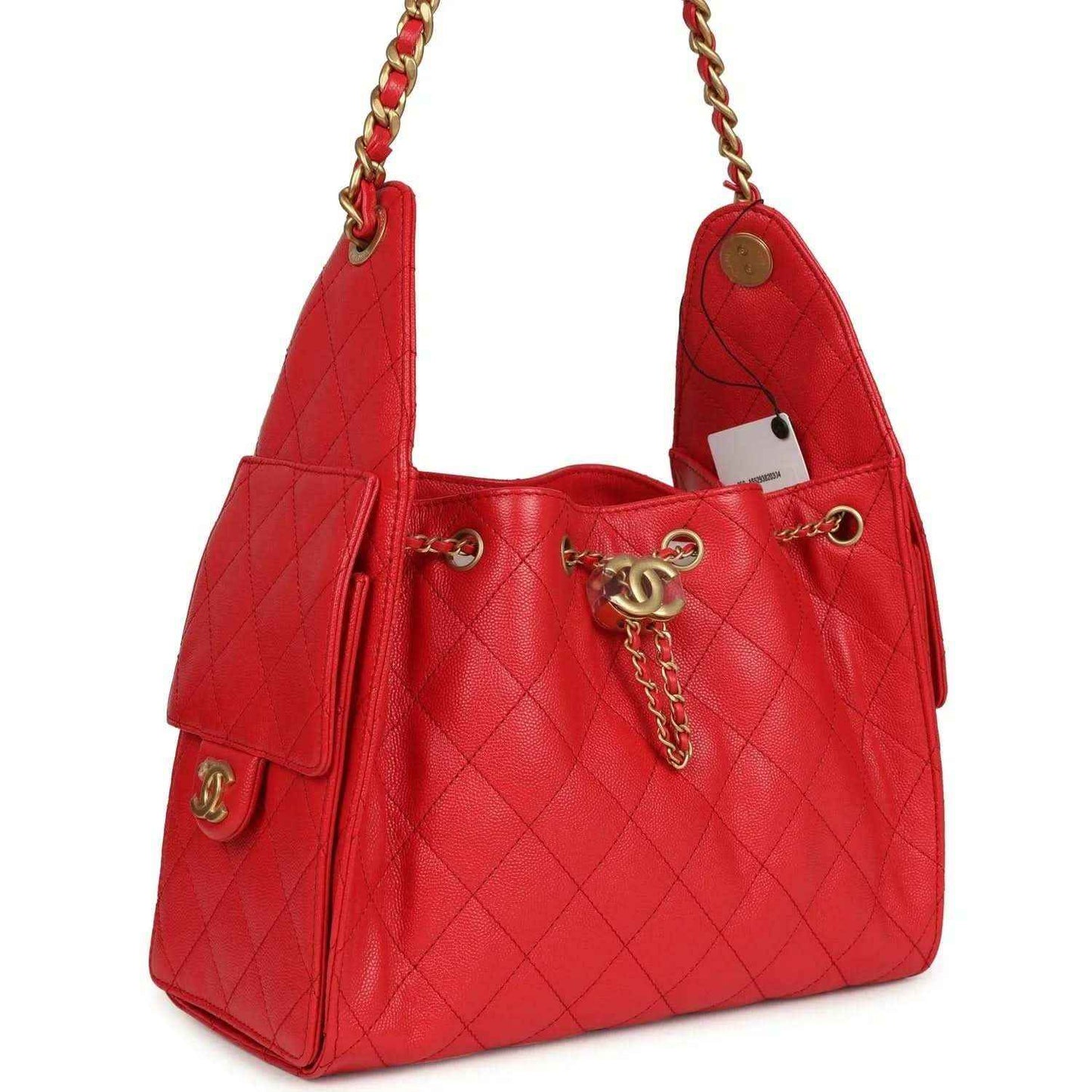 Chanel Small 25 hobo bag, dark red quilted caviar leather, front view with logo charm