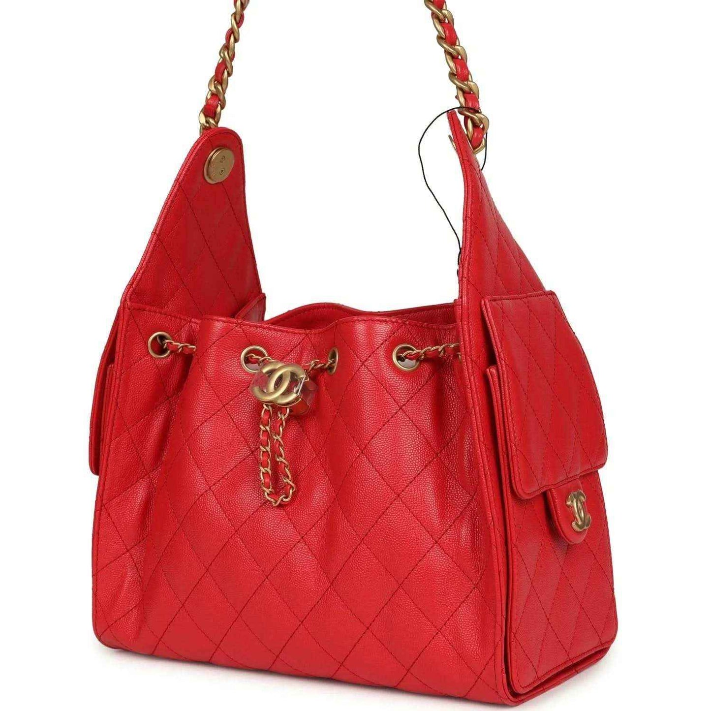 Chanel Small 25 hobo bag, dark red quilted caviar leather, side profile with strap tab