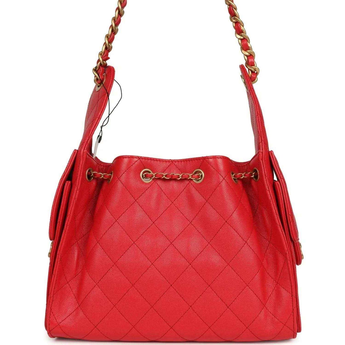 Chanel Small 25 hobo bag, dark red quilted caviar leather, top handle view with tassel pulls