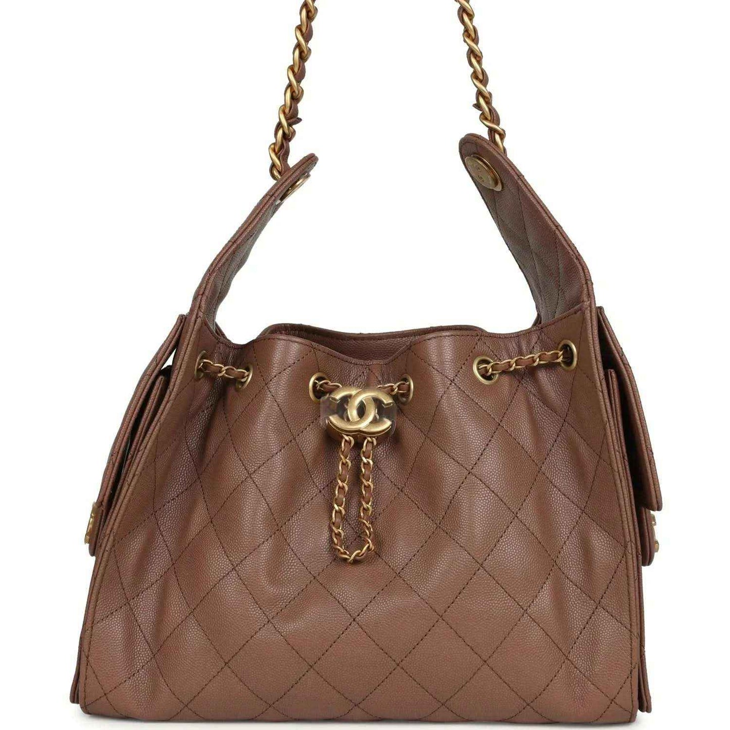 Brown quilted caviar leather hobo bag with gold chain and CC charm