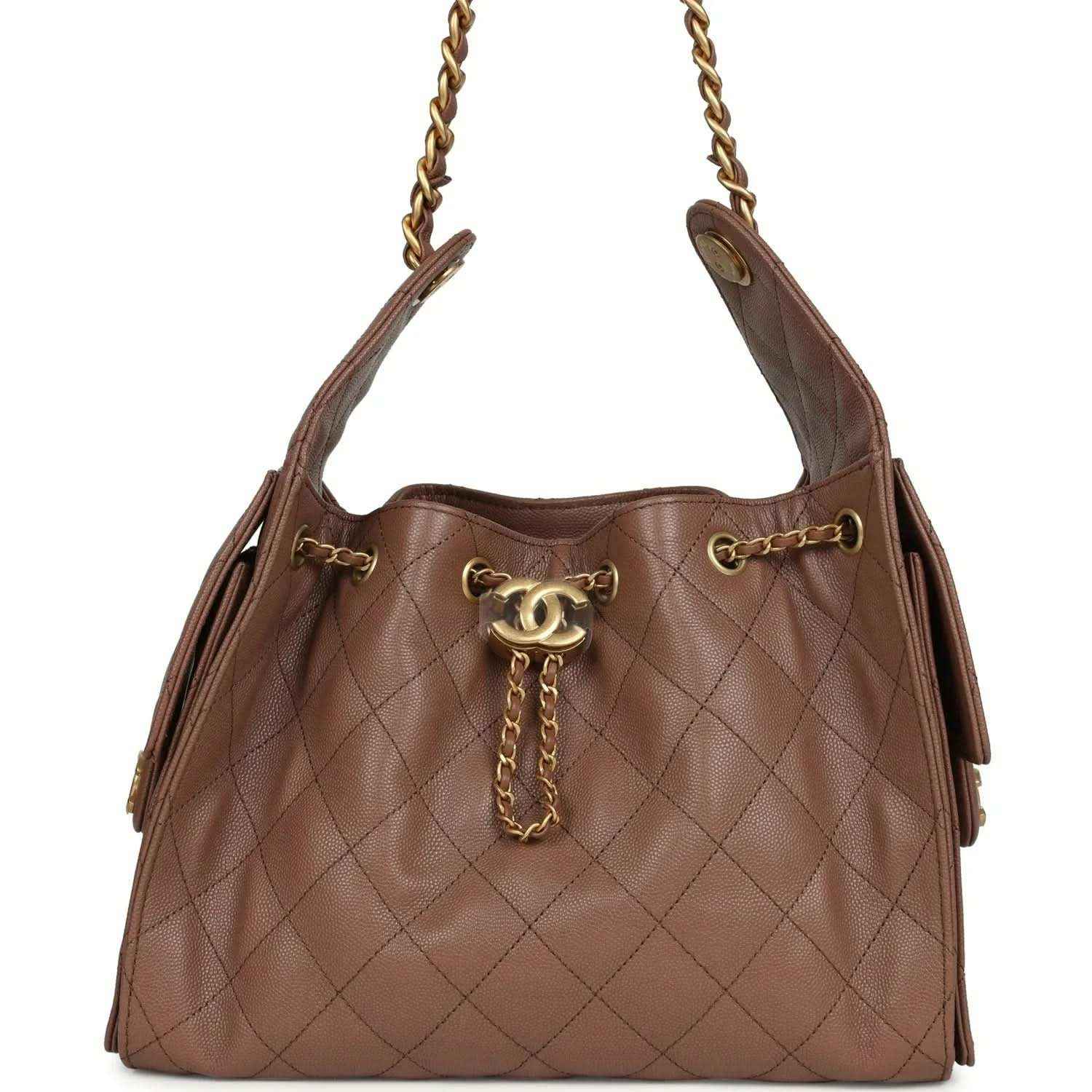 Brown quilted caviar leather hobo bag with gold chain and CC charm
