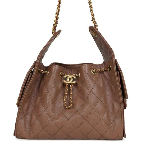 Brown quilted caviar leather hobo bag with gold chain and CC charm